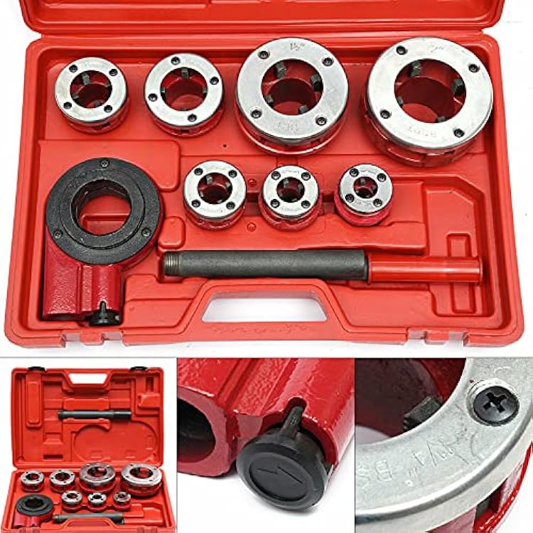 Ratchet Pipe Threader Kit, Ratcheting Pipe Threading Tool Set, Manual Threading Tool Reversing Knob with Case, Dies 3/8, 1/2, 3/4,1, 1-1/4, 1-1/2, 2