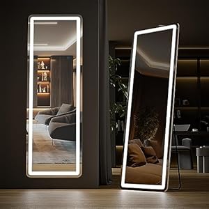 Sweetcrispy 64″x21″ Mirror Full Length Standing Mirror with LED Lights, Lighted Floor Mirror with Stand, w/Dimming & 3 Color Lighting, Wall Mirror Full Length Aluminum Alloy Thin Frame, White