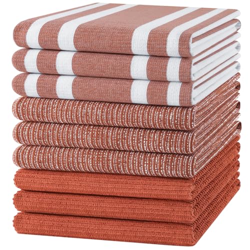 Image of Homaxy Premium Kitchen Towels(18 inchx 28 inch, 9 Pack), Large Cotton 380 GSM Kitchen Hand Towels, Soft and Absorbent Terry Dish Towels, Multipurpose Tea Towel Set with Hanging Loop, Rust