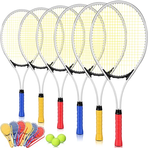 Motionchic 6 Pcs Tennis Rackets for Adult Recreational 6 Players 27'' Tennis Racket Set with 3 Balls Lightweight Tennis Rackets for Tennis Training Beginner with Overgrip and Bag(Red)