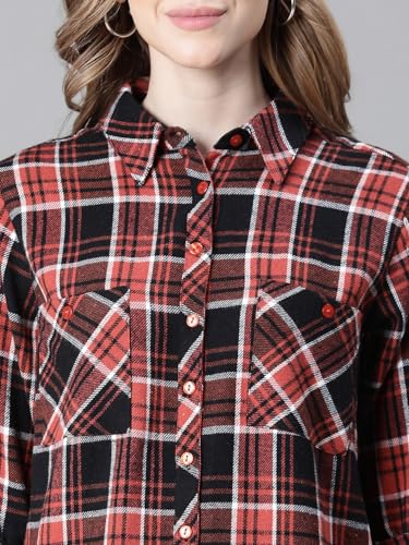 Image of oxolloxo Women Check Print Collared Long Sleeve Cotton Shirt