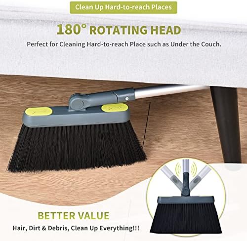 Jekayla Dustpan and Brush Set, Broom and Dust pan with Extendable Long Handle, Upright and Lightweight Household Cleaning Combo for Home Kitchen Room Office Lobby, Green and Yellow