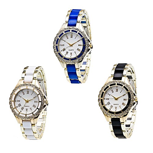 Navion Women's Luxury Classic Stainless Steel Gold Silver Dial Quartz Analog Bangle Wrist Watch 3 Pack