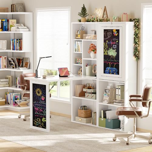 Image of Armocity Small Folding Desk with Outlets, Convertible Writing Desk for Small Spaces /Home Office /Craft Room, Multi-Function Desk Workstation with Blackboard, Fold-Out Cabinet Table, White
