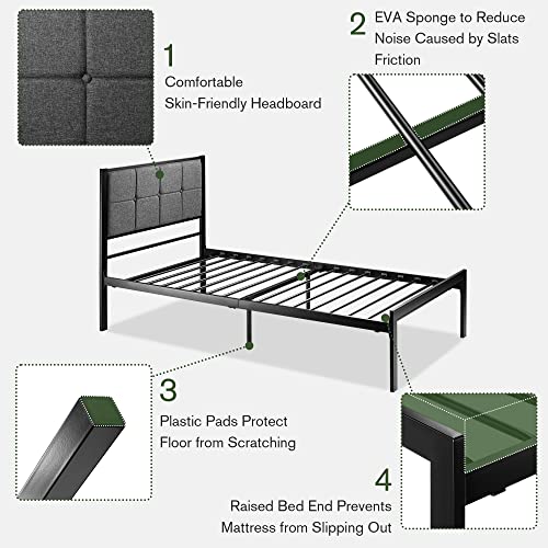 Imusee Twin Size Bed Frame With Upholstered Button Tufted Headboard, Heavy Duty Platform Bed With 17 Strong Metal Slats Support, 11” Storage Space, Easy Assembly, Noise Free, No Box Spring Needed #TOP5