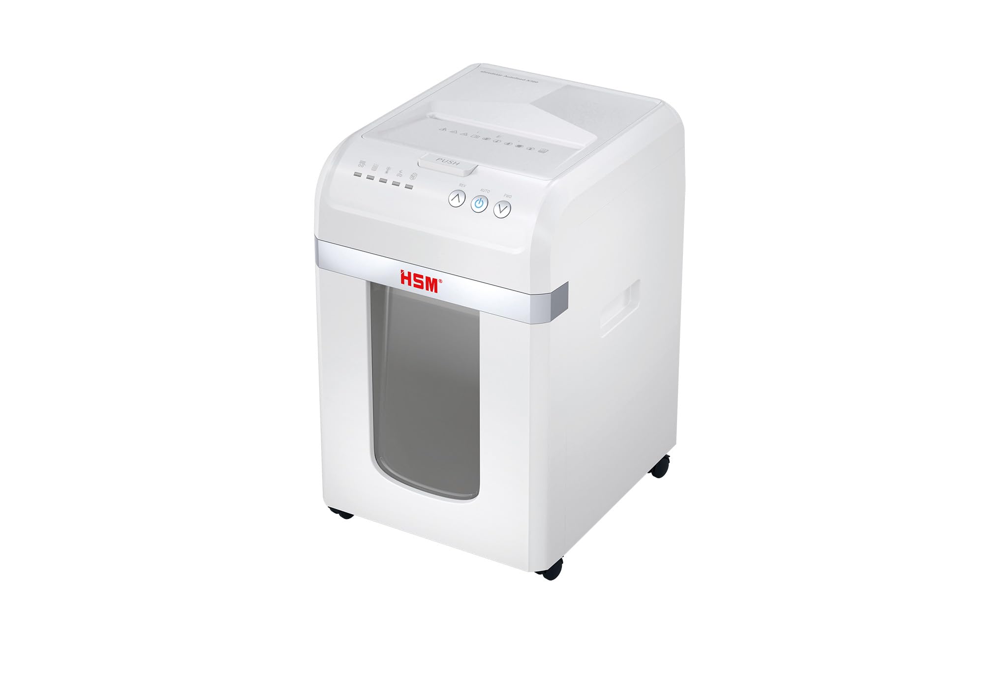 HSM shredstar Autofeed X300 - Trituradora de papel, 300 hojas, para oficina, oficina en casa, clips de papel, tarjetas de crédito, 4 x 12 mm, nivel de seguridad P4, depósito de 30 litros