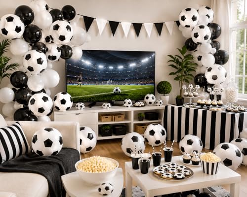 Image of 100pcs 12 inch Soccer Latex Balloons, Black White Soccer Ball Balloon for Boys World Soccer Birthday Anniversary Baby Shower Sports Themed Party Decorations Supplies with Ribbon