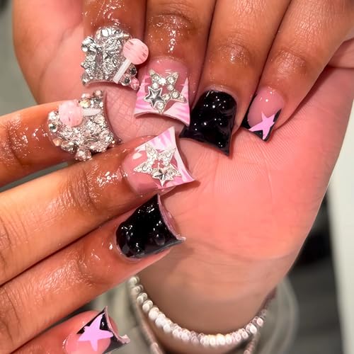 BABALAL Duck nails Press on Short Fake Nails - Black Pink 3D Handmade Design Zebra Y2k French Tip Acrylic Star Bow Charm Bling 24Pcs Duck Bill Luxury Glossy Reusable Full Cover False Nails
