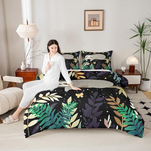 Image of Feelyou Sloth Comforter Cute Sloth Bedding Set for Kids Boys Girls Galaxy Butterfly Comforter Set Botanical Leaves Inner Fill Duvet Set 1 Comforter Set with 1 Pillowcase Twin Size
