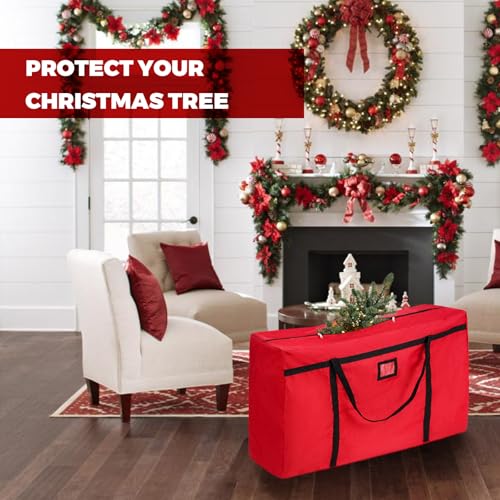 Image of Christmas Tree Storage Bag, Fits 4-5 Ft Artificial Trees, Red | Wide Dual-Zipper Opening, Reinforced Handles, Clear Label Pocket, Tear-Resistant 600D Oxford, Dust and Moisture Protection
