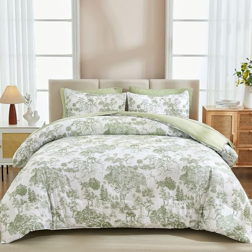 Image of DJY Comforter Set Queen Size, Sage Green 7 Pieces Bed in a Bag Queen Botanical Comforters with Sheets Elegant Plants Print Soft Microfiber Reversible Complete Bedding Sets for All Season