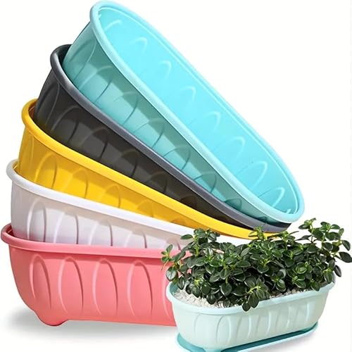 Image of StyleX Store Plastic Rectangle Round Corner Flower Pots with Drainage Hole Saucers Durable Outdoor Indoor Planters with Tray Plant Containers for Balcony, Garden, Home & Office (Set of 5 Multi)