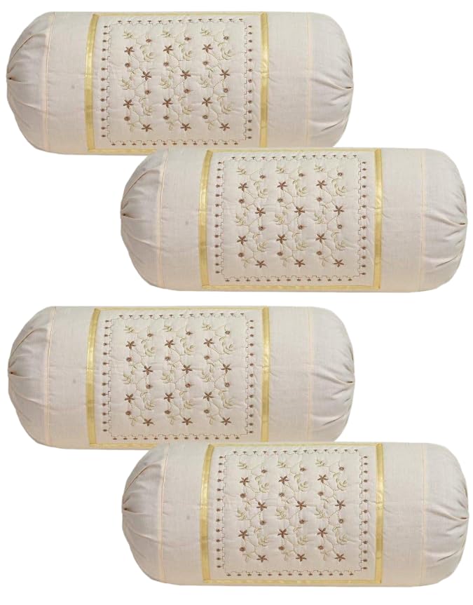 Tessile India Embroidered Bolster Covers(Not Bolsters) - Set of 4, Polycotton, 16x32 Inches, Tie Closure - Elegant and Cozy Home Décor (Cream)-image-14