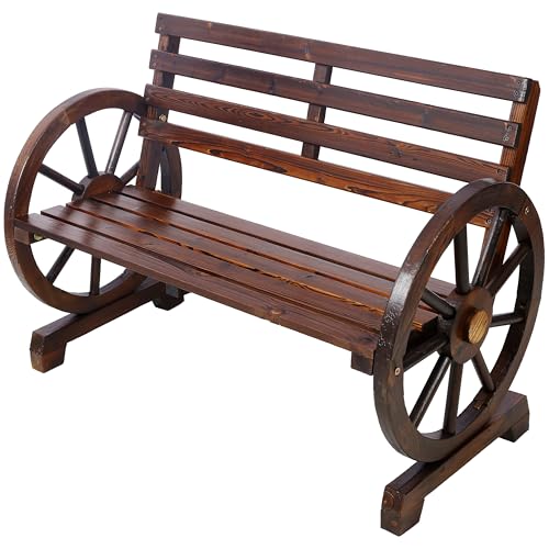 Image of 2 Person Wooden Wagon Wheel Bench for Backyard, Patio, Porch, Garden, Outdoor Lounge Furniture w,Rustic Country Design, Slatted Seat and Backrest Brown