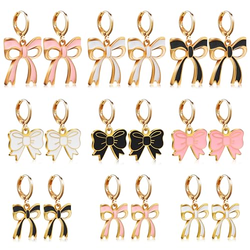 LieToi 9 Pairs Gold Bow Earrings for Women - Coquette Bowknot Hoop Drop Dangle Earrings Charms Pink Bow Trendy Stuff Bridal Shower Birthday Valentine’s Day Daily Gift