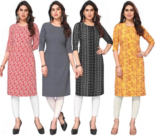 Image of JAKHANA Women's Crepe Printed Casual Straight Calf Length Round Nick Kurta Pack of 4