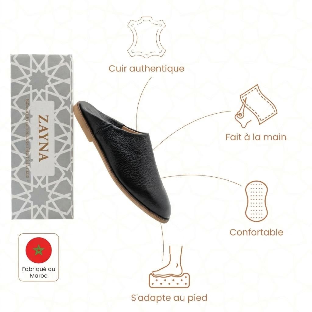 ZAYNA Babouches Marocaines en Cuir Véritable, Fait Main à Fès, Unisexe, Design Traditionnel et Confort Quotidien, Intérieur et Extérieur Léger