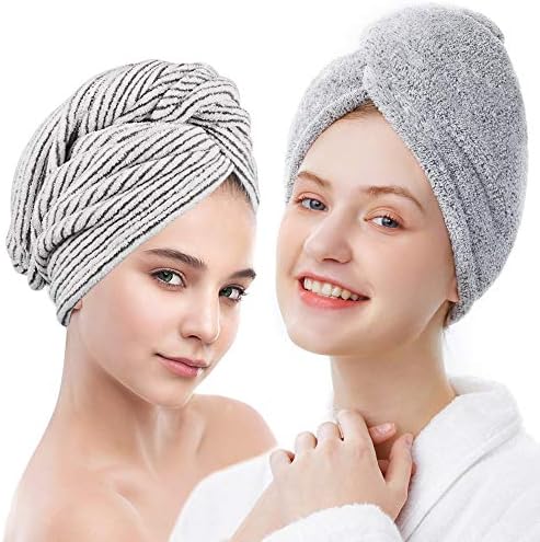ELLEWIN Bamboo Hair Towel Wrap 2 Pack, Microfiber Hair Drying Shower Turban with Buttons,Super Absorbent Quick Dry Hair Towels for Curly Long Thick Hair, Rapid Dry Head Towel Wrap for Women Anti Frizz