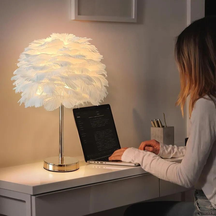 1Pcs, Warm White Feather Table Lamp Romantic Feather lampshade Night Light Desk Lamp Feather Bedside Table Light Fixture Decorative Table Lighting for Bedroom, Living Room.-image-12