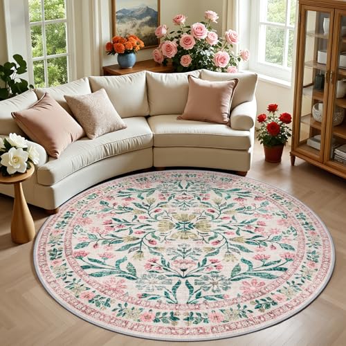 PLHXFR Round Area Rug Living Room: 6 ft Floral Washable Carpet Pink Green by PLHXFR - Used condition - US$49.09