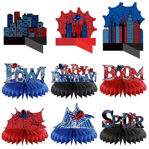 Outus 9 Pcs Spider Birthday Party Decorations Spider Honeycomb Centerpiece 3D Table Topper Standing Decorations Hero Web Theme Party Supplies for Birthday Shower Table Decor Indoor