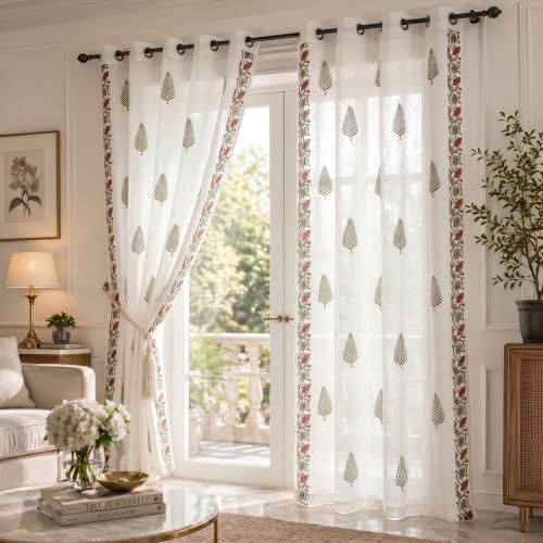 Image of LINENWALAS Decorative Cotton Linen Sheer Curtains 7 Feet for Door -Block Printed Door Curtain | Grommet Hanging Style Pack of 2 Panels |Light Filtering Sheer Drapes (Fern)