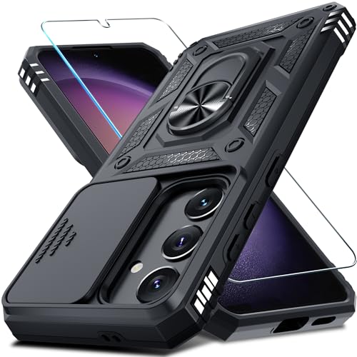 Janmitta Compatible with Samsung Galaxy S24 FE Case Built in Slide Camera Lens Cover+Screen Protector+Finger Ring Holder Kickstand,Heavy Duty Shockproof Full Body Phone Cover,2024 Black