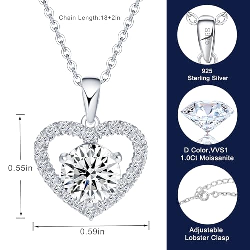 LumoShine Heart Pendant Necklace for Women, Sterling Silver Moissanite Heart Necklace, Anniversary or Birthday Gift for Wife,Jewelry Gift for Women Mom Girlfriend Girls Her3