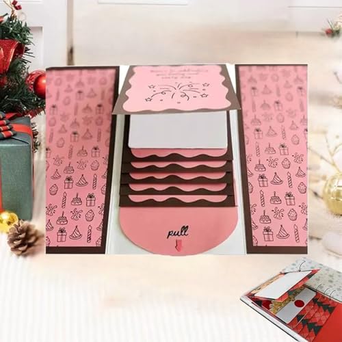 Handcrafted Waterfall Christmas Greeting Card Booklet - Unique Pull-Tab Interactive Holiday Card with 5 Pull-Down Panels - Gift Card Holder for Family & Friends (Pink)