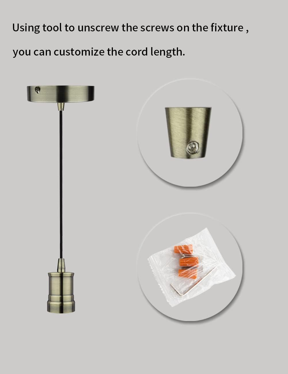 Bronze Mini Pendant Light Fitting Antique Style, Single Light Socket, 4.75'' Canopy, Adjustable 10ft Black Fabric Cord, Ceiling Lighting Fixture, E26 Lampholder, LP-116-5