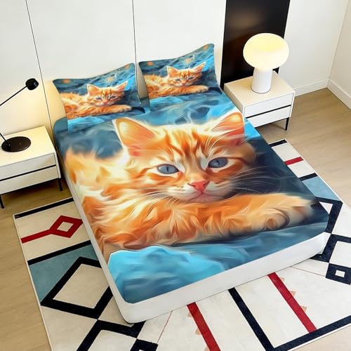 Drap housse chat roux microfibre literie chambre protège-matelas - 6