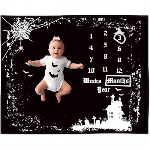 Image of Halloween Monthly Milestone Bats Blanket - Soft Baby Growth Chart Photography Prop Background - 47" x 40"