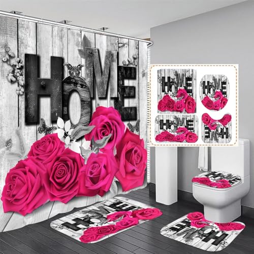 Yddsky Pink Rose Valentines 4 Pcs Shower Curtain Sets Non-Slip