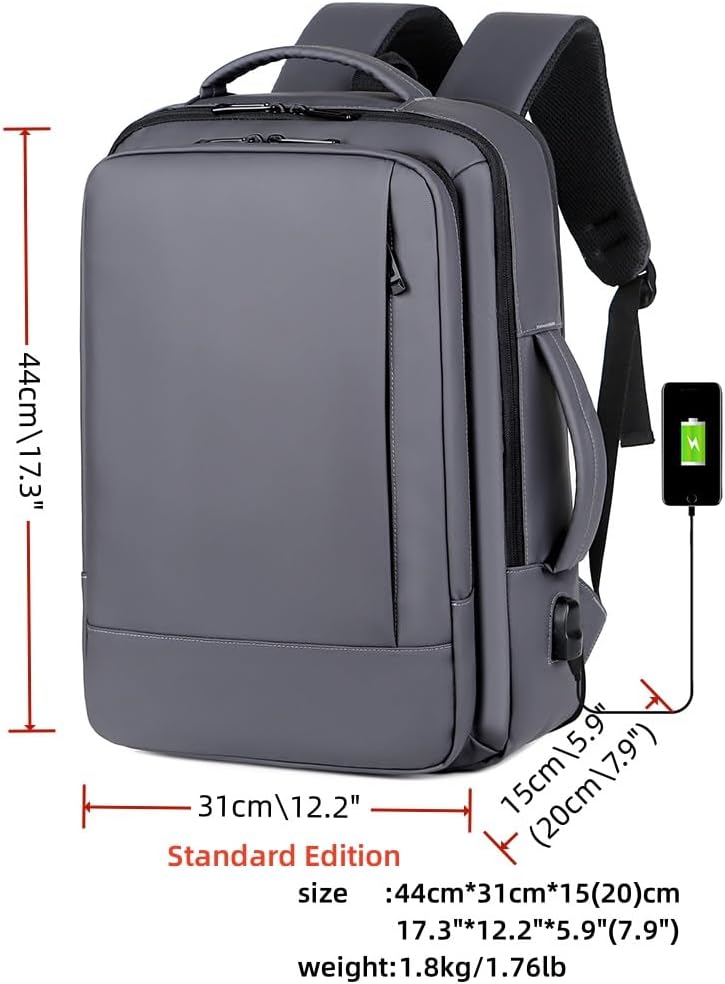 17/15.6" Business laptop backpack, PU Travel backpack,carry on backpack, Expandable laptop backpack Women Men,college backpack (01#Standard, Grey)