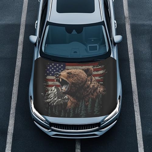Image of Bear American Car Hood Cover Polyester Elastic Fabrics Washable Suitable for Large SUV and Pickup Trucks 39x59in