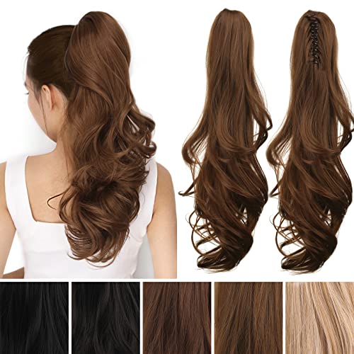 Jhzsjf Wavy Brown Ponytail Extension, 20” Inch Heat Resistant Synthetic Natural Wavy Hairpiece Wrap Around Pony Tail Hair Extensions For White Black Women Hair Piece Light Brown #TOP5