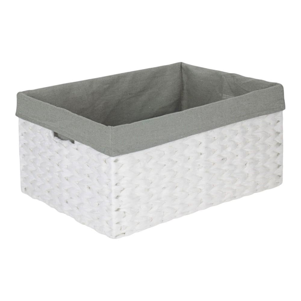 Medium White Paper Rope Rectangular Storage Basket with Grey Cotton Lining