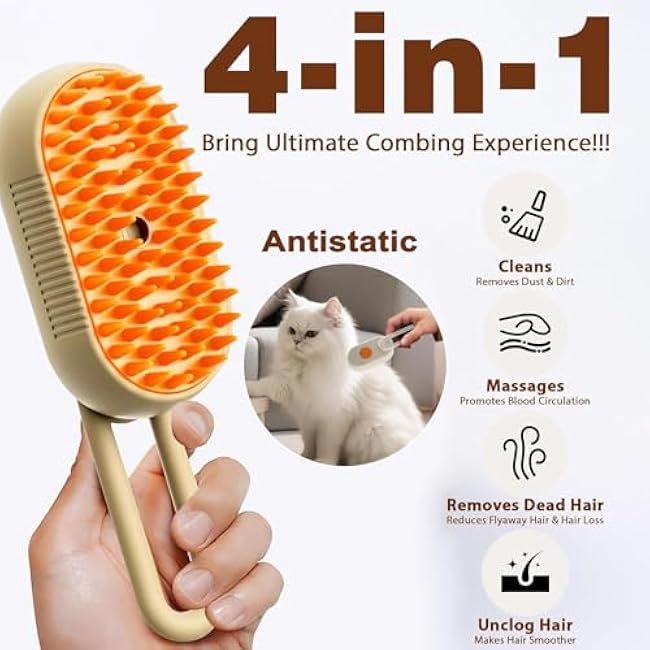 Cat Steam Brush for Shedding, 2025 New 4 in 1 Rechargeable Steam Pet Brushes for Cats & Dogs, Indoor Anti-static Pets Brush for Massage, Cleaning, Shedding & Combing Hair (Beige)-fC198ZY0