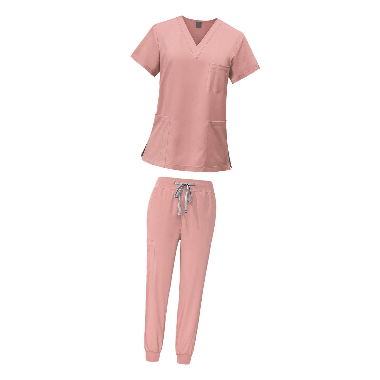 LOVIVER Female Scrub Set Nurse Workwear V Neckline Professional Machine Washable Top and Joggers Pant Work Clothing for Beauty Center, Pink, S