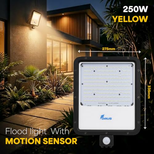 Image of Forus 250W LED Flood Light Yellow with Motion Sensor Auto On Off Day Night Mode Waterproof Outdoor Security Light for Garden Parking Garage Factory Warehouse igh Bright Floodlight 4Yr Warranty-1Pc