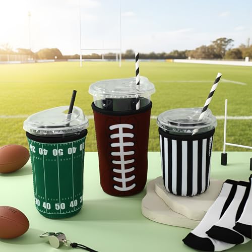 Image of LemonRoad 3 Pack Football Party Favors Reusable Football Beer Can Cooler Sleeves for Iced Coffee Cup Neoprene Coffee Sleeve Insulated Neoprene Cup Holder for Cold Beverages Iced Hot Drinks
