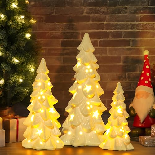 Gold Lighted Ceramics Christmas Trees, Set of 3, Small Tabletop X...