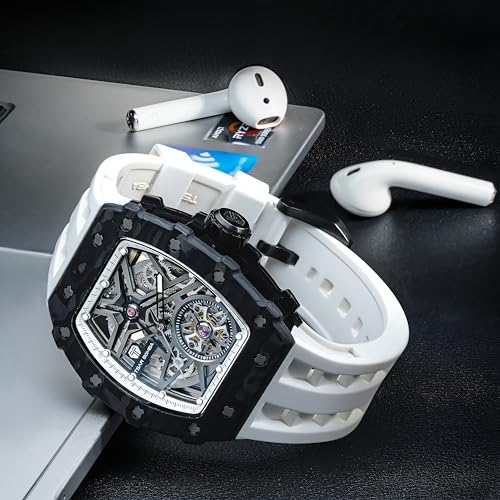 Image of TSAR BOMBA Men's Automatic Watch Tonneau Luxury Skeleton Watches for Men Mechanical 50M Waterproof Analogue Watches Mens Unique Cool Square Big Face Dial Wristwatch with Silicone Strap Band
