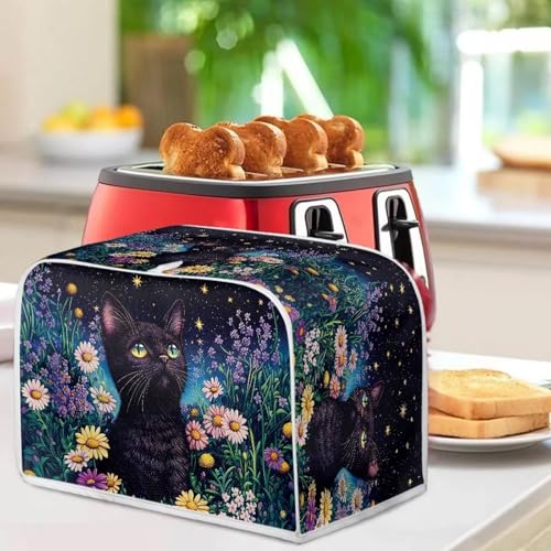 Image of Talayituse Cat Daisy Star Print Toaster Cover 4 Slice Wide Slot, Lightweight Bread Maker Cover Dust Protection Washable Appliance Bag, M