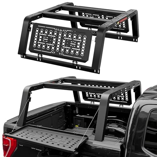 JOYTUTUS Full Size Truck Bed Rack Overland Rack Compatible with F150 F250 F350 Silverado Sierra Ram Tundra, 24.6' High Truck Rack with Foldable Molle Panel for Camping, Rooftop Tent, Gear