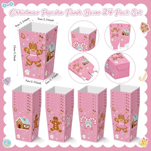 Image of K KUMEED 24 PCS Christmas Popcorn Favor Boxes,Pink Gingerbread Man Christmas Party Supplies,Cute Candy House Popcorn Bowls Popcorn Buckets Popcorn Bags for Kids Christmas Party Decorations