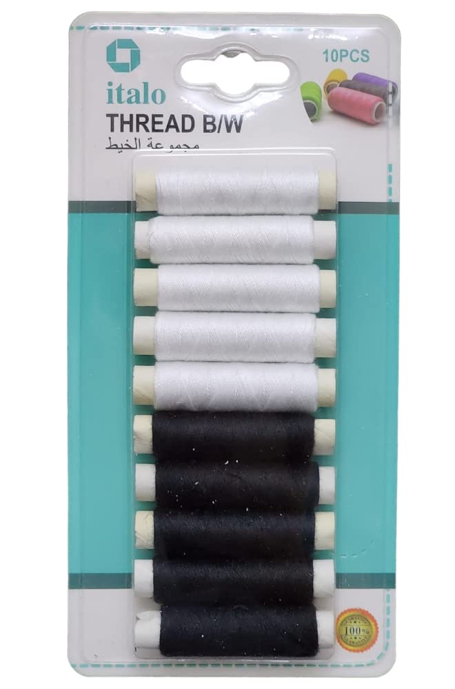10-Piece of Spun Polyester Sewing Thread For General Sewing And Repair Purpose Black and White Colour Approx 50 Meter Per Reel