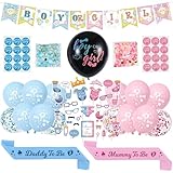 Baby Gender Reveal Decoration Balloons - Pink Blue Boy or Girl Banner Set with Voting Game Stickers, Photo Props Daddy and Mummy to Be Sash for Baby Shower Party Supplies
