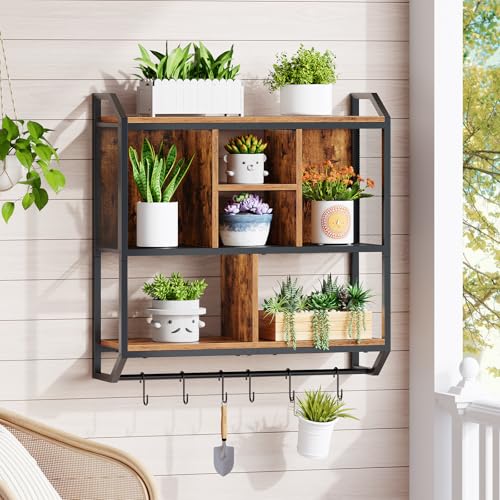 Image of HOOBRO Gaming Floating Shelf with LED Lights, 28.7 inch LED Wall Mounted Shelf, 3-Tier Display Rack for Wall Storage, Floating Rack with Hanging Rod and 6 S-Hooks, Rustic Brown and Black BF70DBJ01