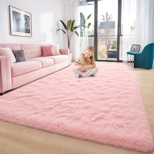 Image of Foxmas Large Area Rugs for Living Room Bedroom 5x8 Feet, Fluffy Kids Room Plush Shaggy Nursery Rug Furry Throw Carpets for Boys Girls, College Dorm Fuzzy Rugs Home Decorate Rug, Pink